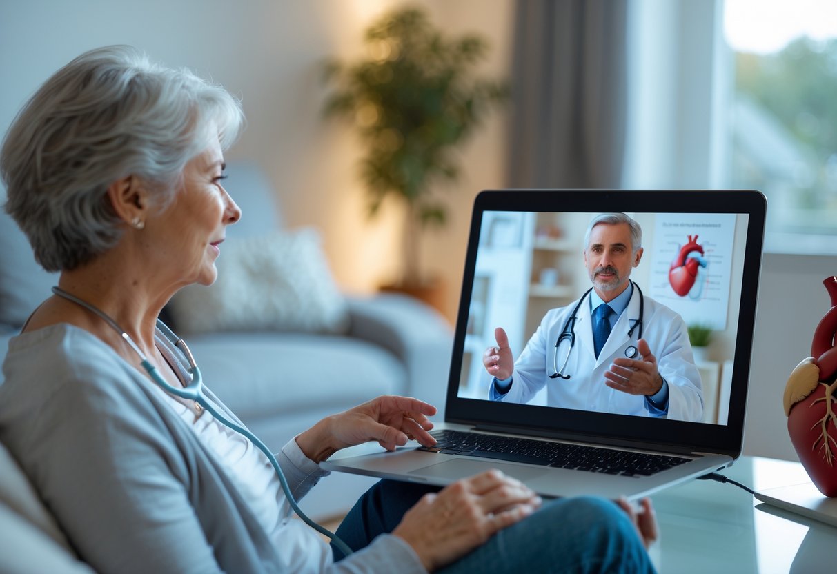 Paciente em casa participando de uma teleconsulta com um cardiologista pelo computador.
