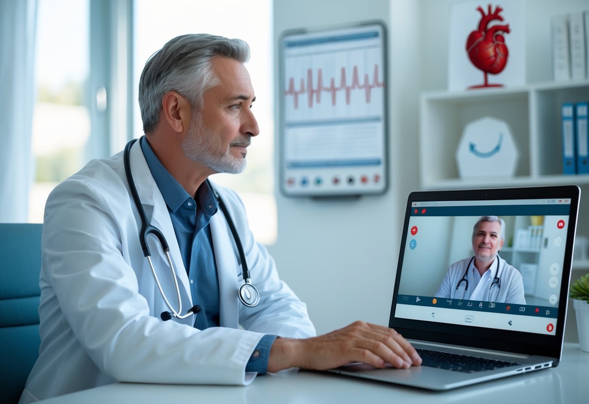 Cardiologista em consulta por vídeo com paciente, usando laptop em escritório médico moderno.