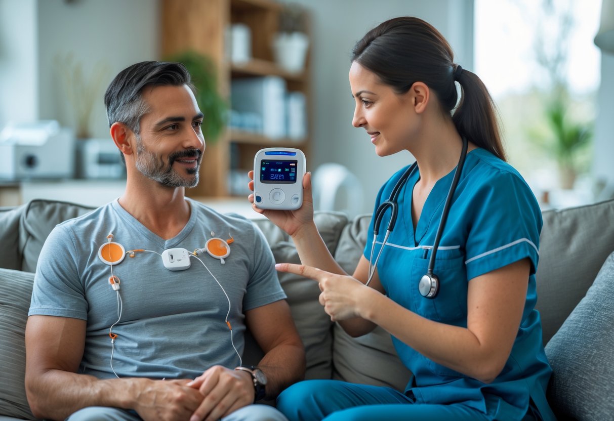 Profissional de saúde explicando o uso de um monitor Holter 24 horas para um paciente em sua casa.