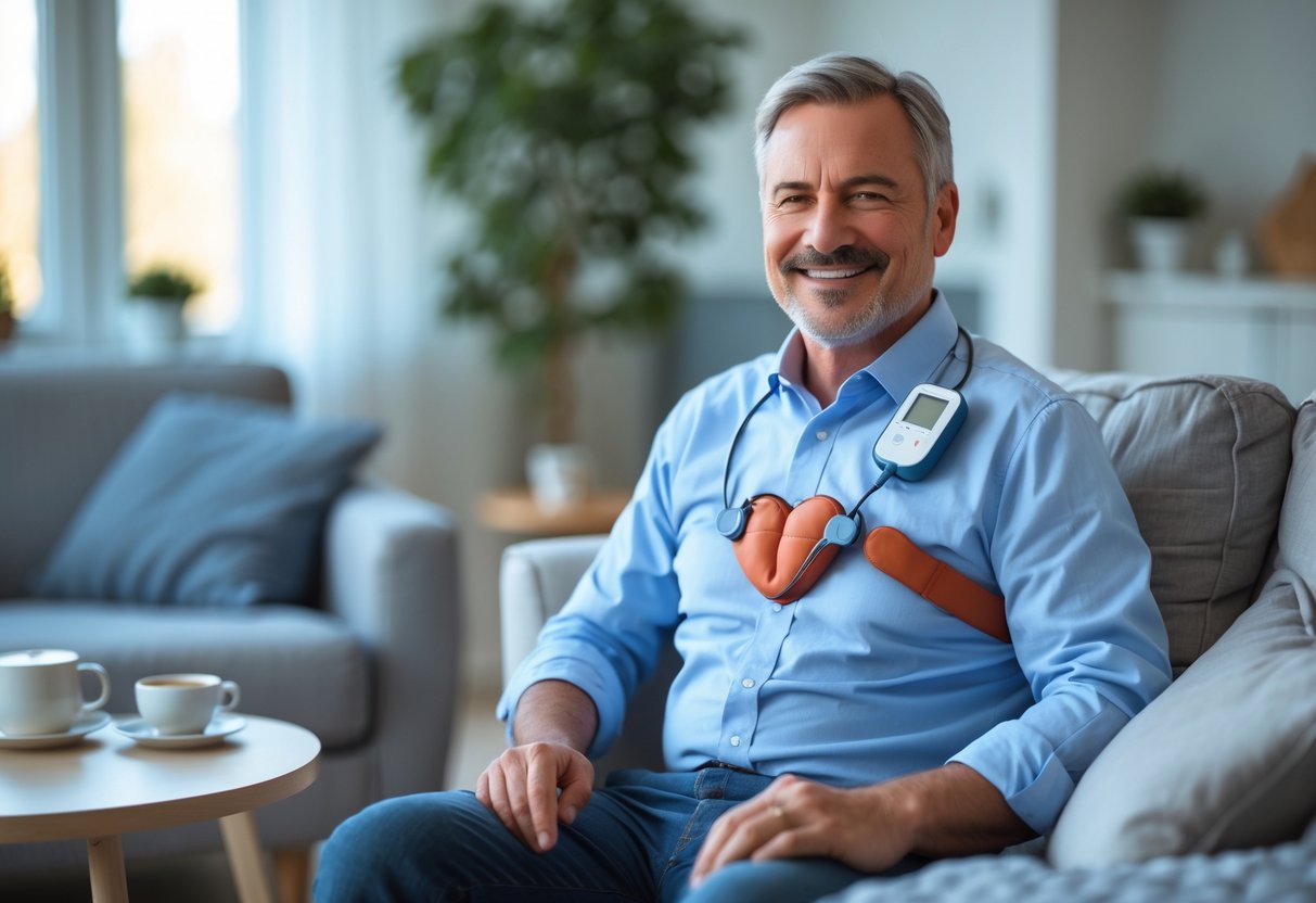 Homem sentado confortavelmente em sua sala de estar usando um monitor cardíaco Holter 24 horas conectado a um pequeno aparelho preso à cintura.