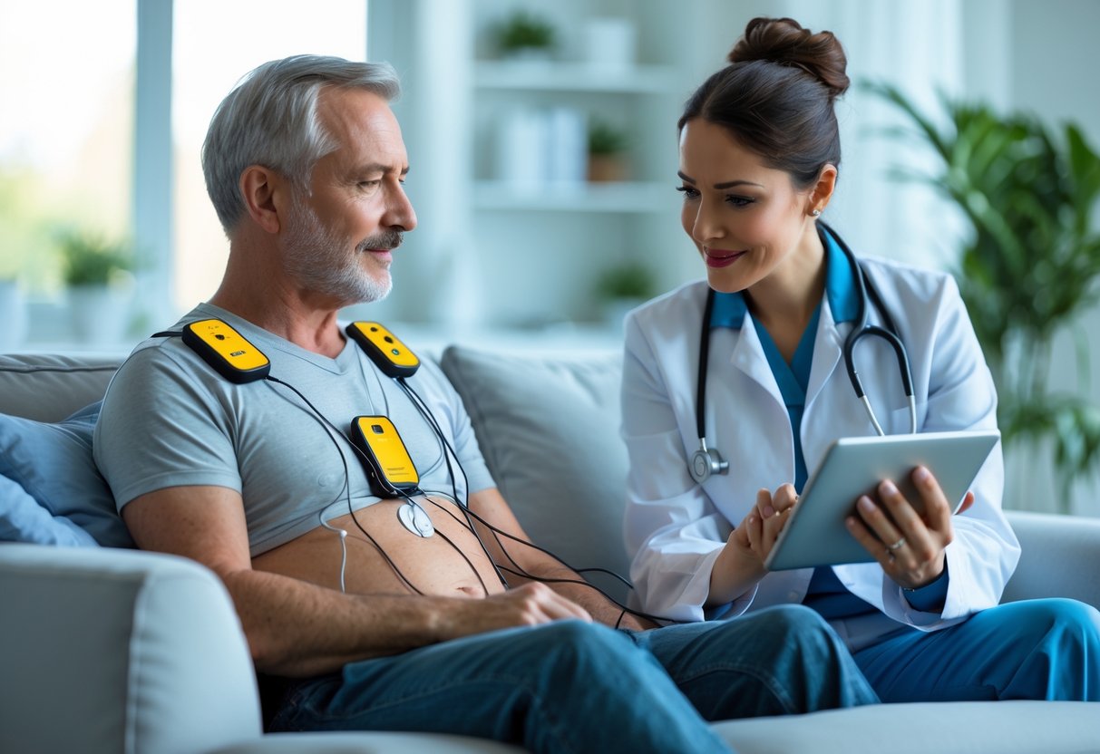 Homem sentado em uma sala de estar usando um monitor Holter 24 horas, enquanto um profissional de saúde explica o funcionamento do aparelho.