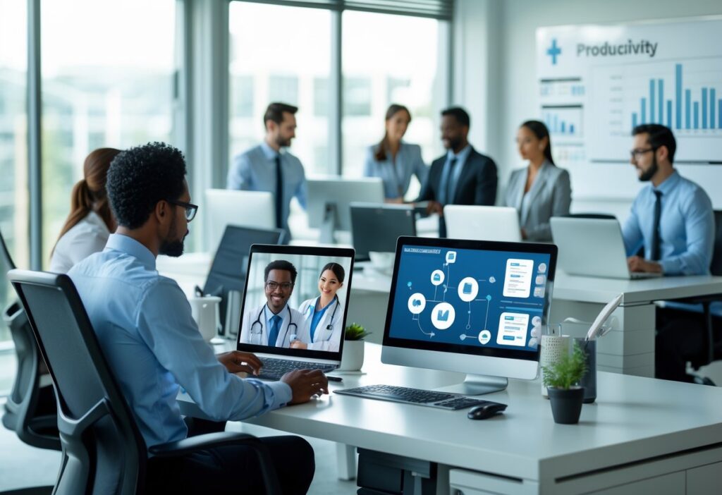 Profissionais trabalhando em um escritório moderno, utilizando computadores e videochamada para discutir laudos médicos à distância, com gráficos de produtividade ao fundo.