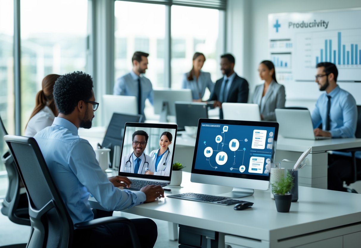 Profissionais trabalhando em um escritório moderno, utilizando computadores e videochamada para discutir laudos médicos à distância, com gráficos de produtividade ao fundo.