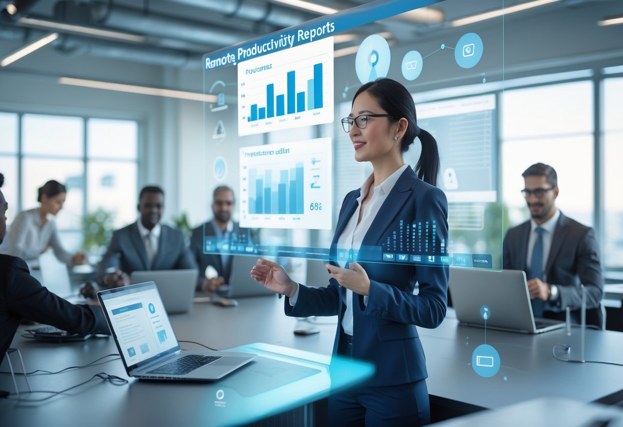 Profissionais trabalhando remotamente em um escritório moderno, analisando dados de produtividade em telas digitais e participando de videochamadas.