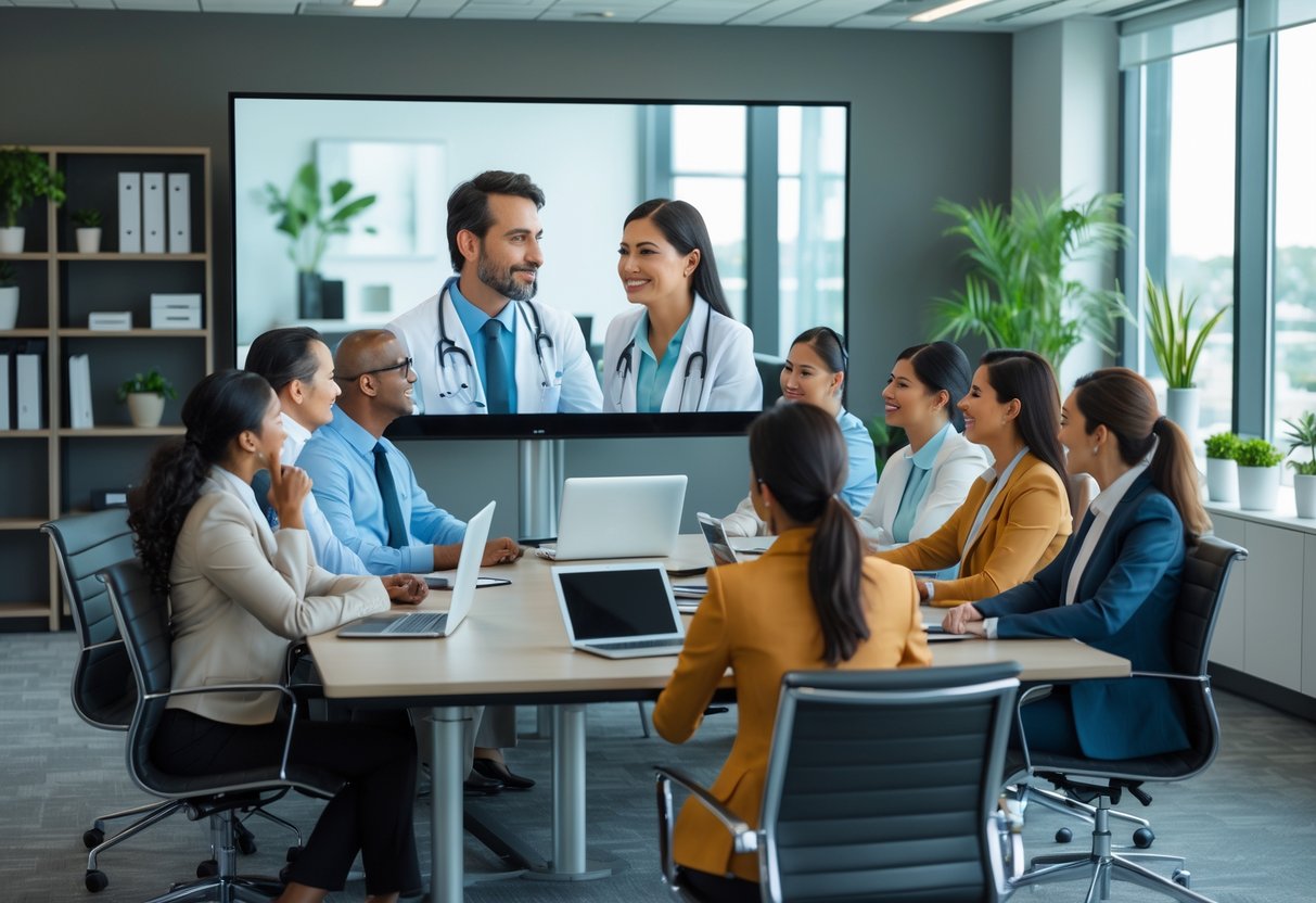 Profissionais em uma sala de reunião participando de uma teleconsulta com um médico por videoconferência.