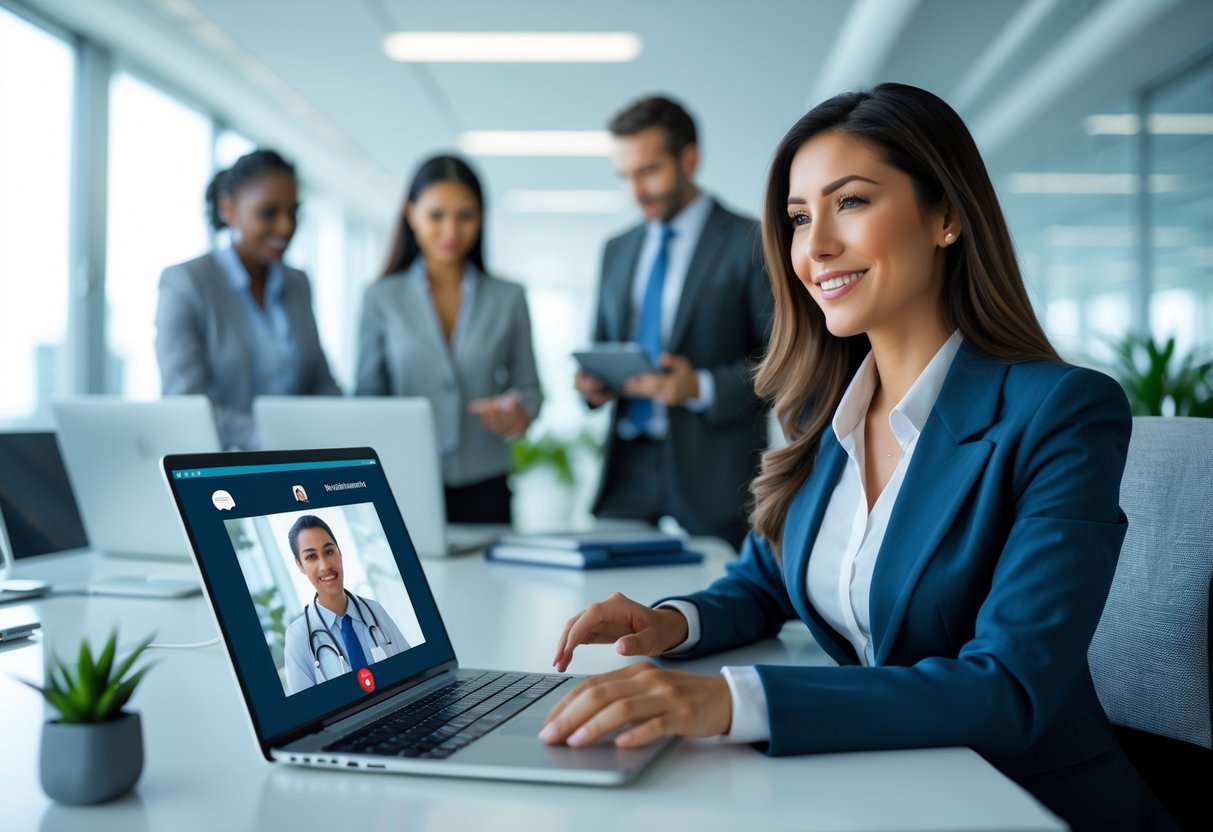 Profissionais em um escritório moderno participando de uma teleconsulta por vídeo, com computadores e dispositivos digitais ao redor.