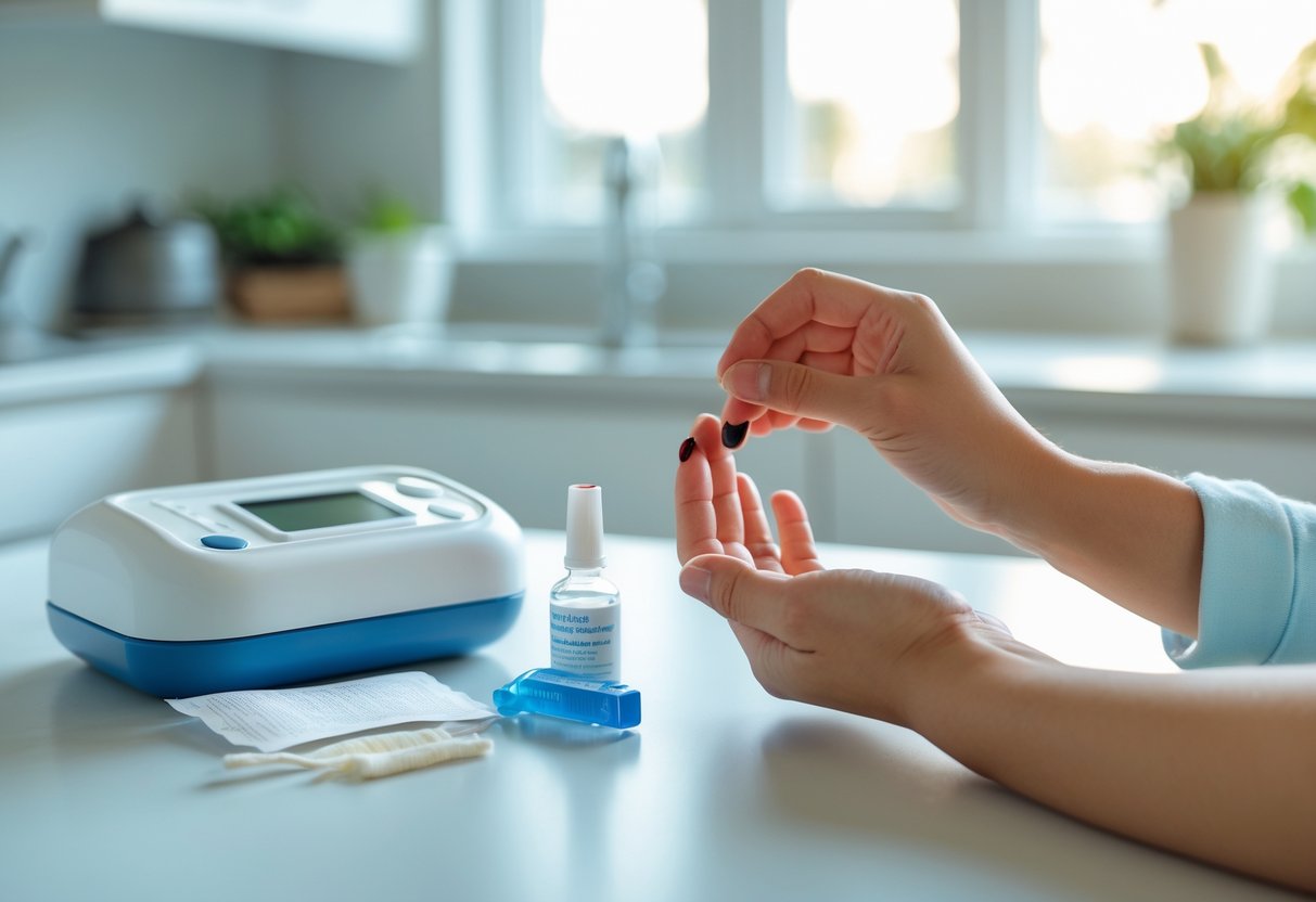 Pessoa realizando exame de sangue em casa, com kit de coleta sobre a mesa e gota de sangue no dedo.