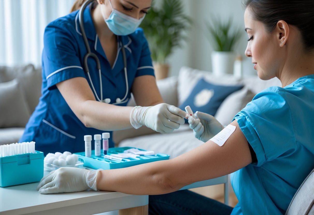Profissional de saúde coletando uma amostra de sangue de um paciente em casa, com materiais médicos ao redor.