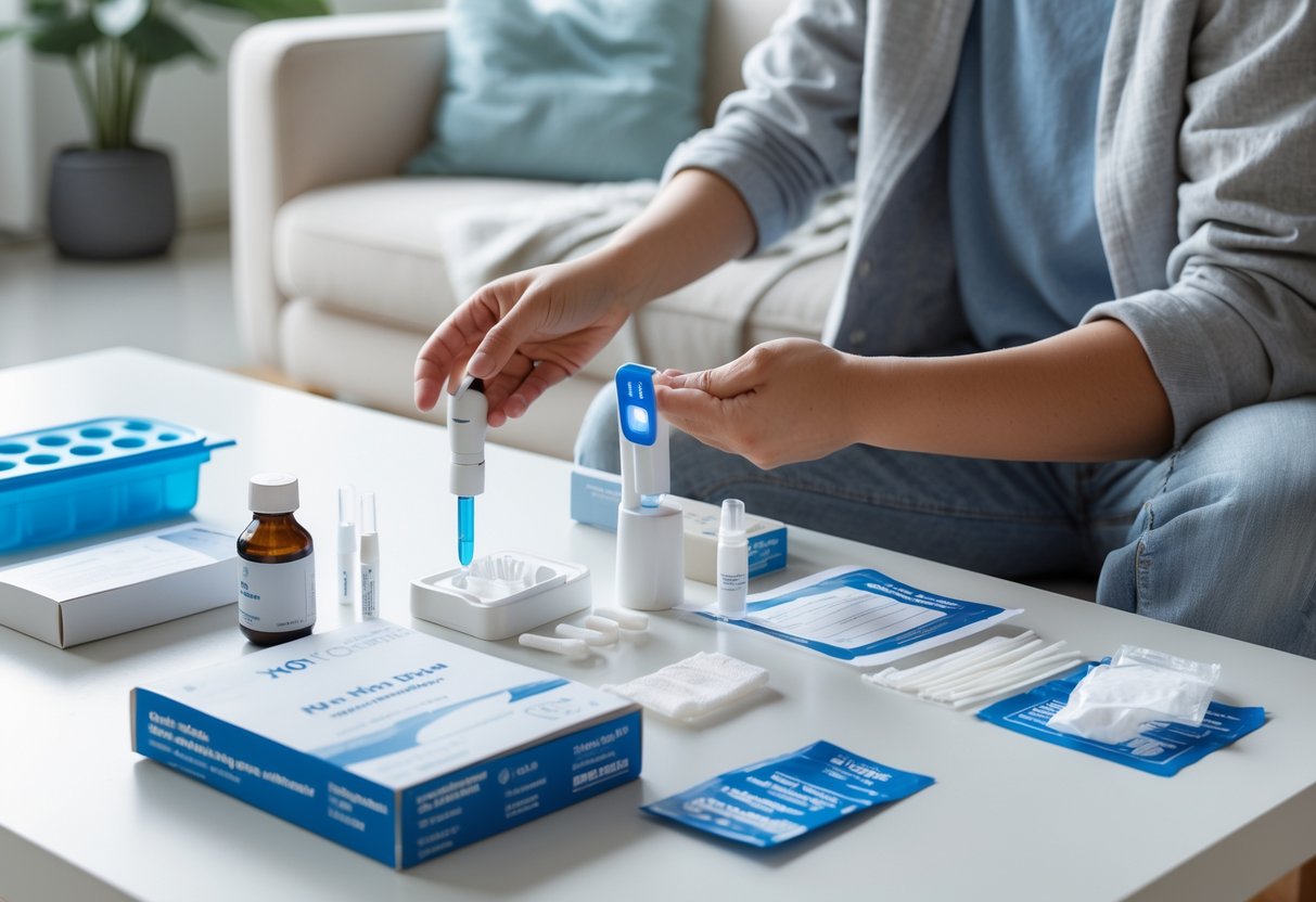 Pessoa preparando-se para exame de sangue em casa, com materiais médicos organizados sobre uma mesa em um ambiente doméstico limpo e iluminado.