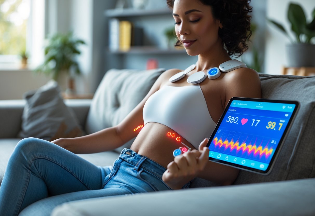 Pessoa usando um dispositivo portátil de eletrocardiograma em casa, com sensores no corpo e um celular mostrando os dados do coração.
