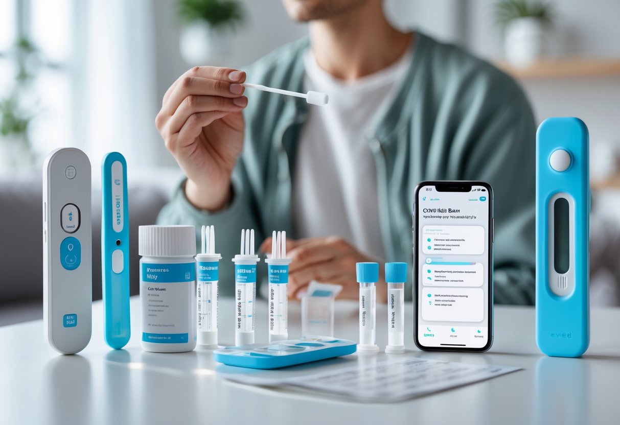 Pessoa realizando teste de Covid em casa com kits de teste e smartphone em uma mesa.