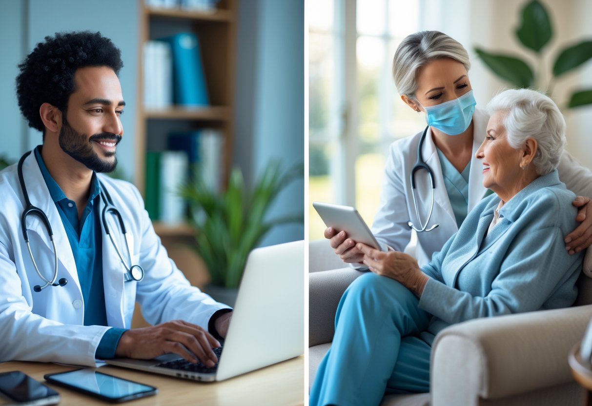 Um médico realizando uma teleconsulta em um escritório moderno à esquerda, e um profissional de saúde visitando um paciente idoso em casa à direita, ambos em ambientes acolhedores.