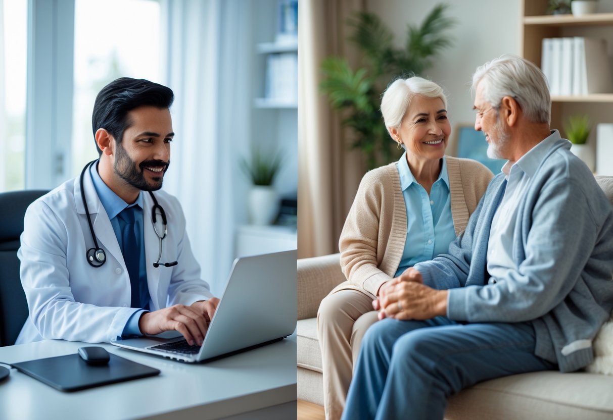 Médico realizando teleconsulta em laptop e visitando paciente idoso em casa, mostrando comparação entre consulta remota e visita domiciliar.