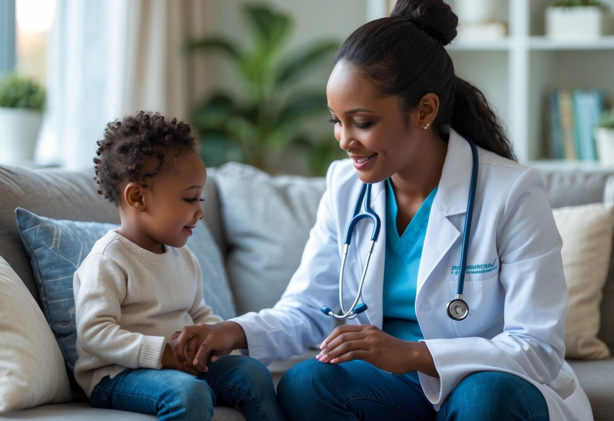 Pediatra visitando uma criança em casa, examinando e conversando com ela enquanto o pai observa próximo.