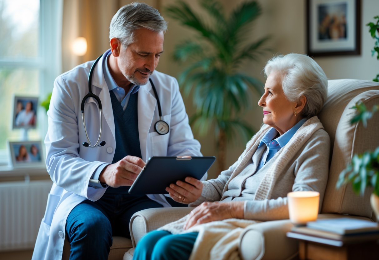 Médico geriatra atendendo um idoso em casa, em uma sala de estar aconchegante, com expressão atenciosa e ambiente iluminado.
