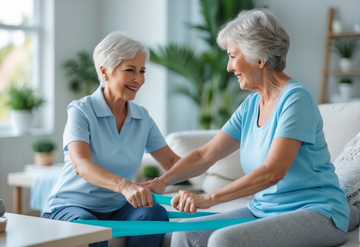 Fisioterapeuta atendendo uma senhora idosa em sua sala de estar, realizando exercícios de fisioterapia domiciliar.