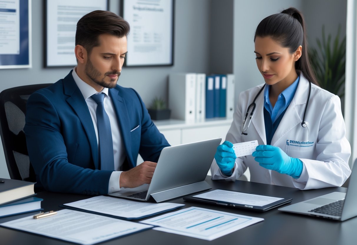 Profissional de negócios e profissional de saúde preparando exame toxicológico em ambiente corporativo.