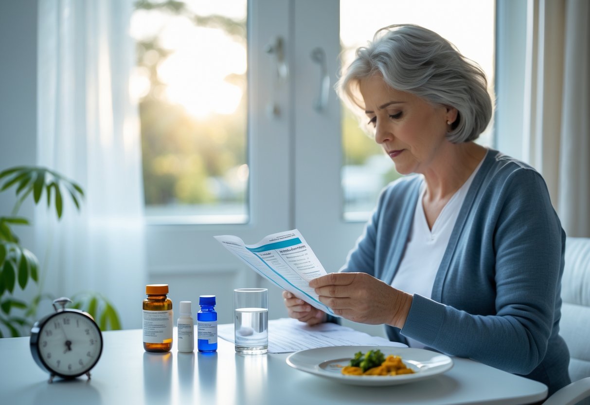 Pessoa organizando medicamentos e se preparando para exame domiciliar com jejum em um ambiente doméstico.