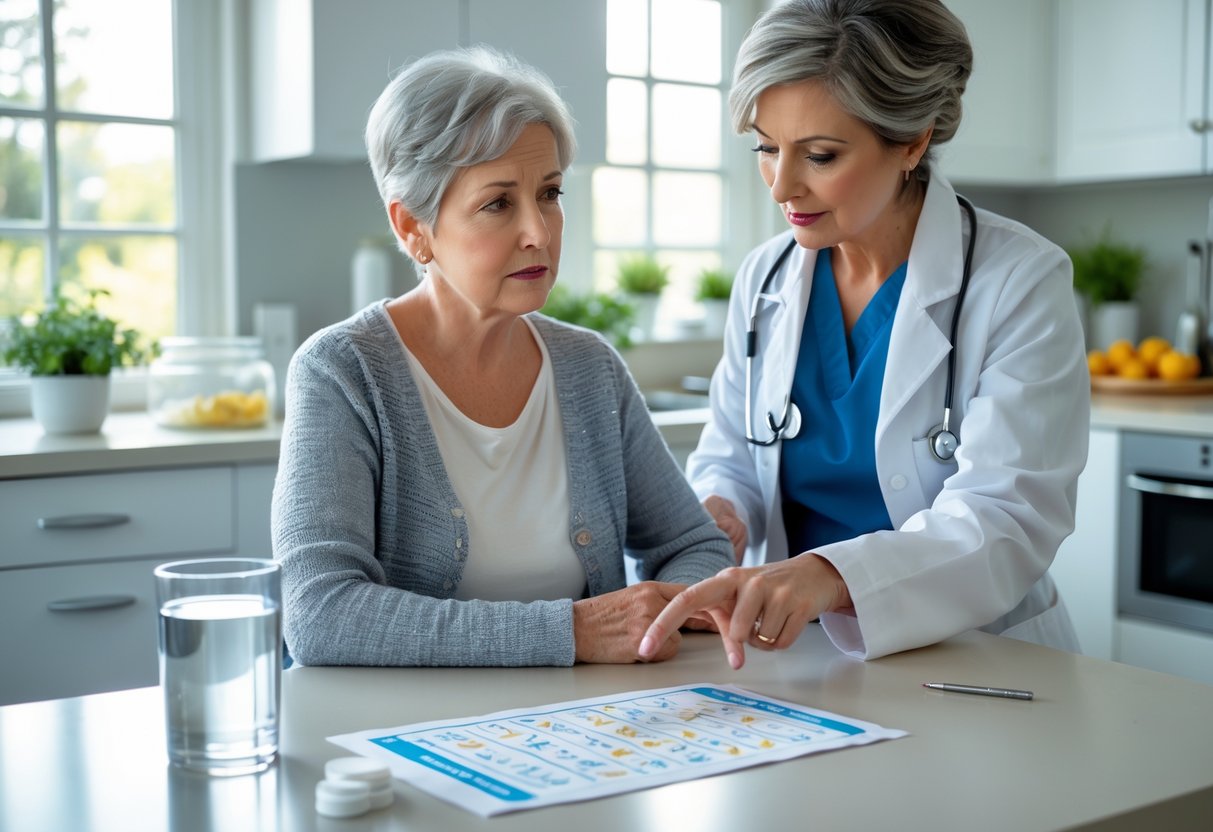 Paciente em casa recebendo orientações de profissional de saúde sobre preparo para exame com jejum e medicações.