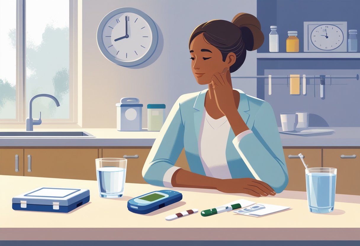 Paciente sentado à mesa em casa, com um copo de água, medicamentos e equipamentos para exame domiciliar, demonstrando preparo para jejum antes do exame.